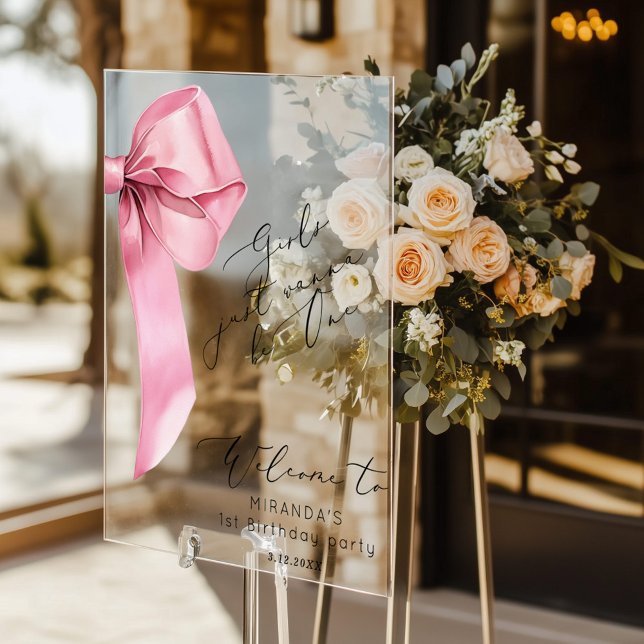 Girls just wanna be One Pink Bow elegant Welcome Acrylic Sign (Creator Uploaded)