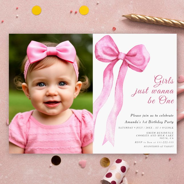 Girls Just Wanna Be One Pink Bow First Birthday Invitation (Creator Uploaded)