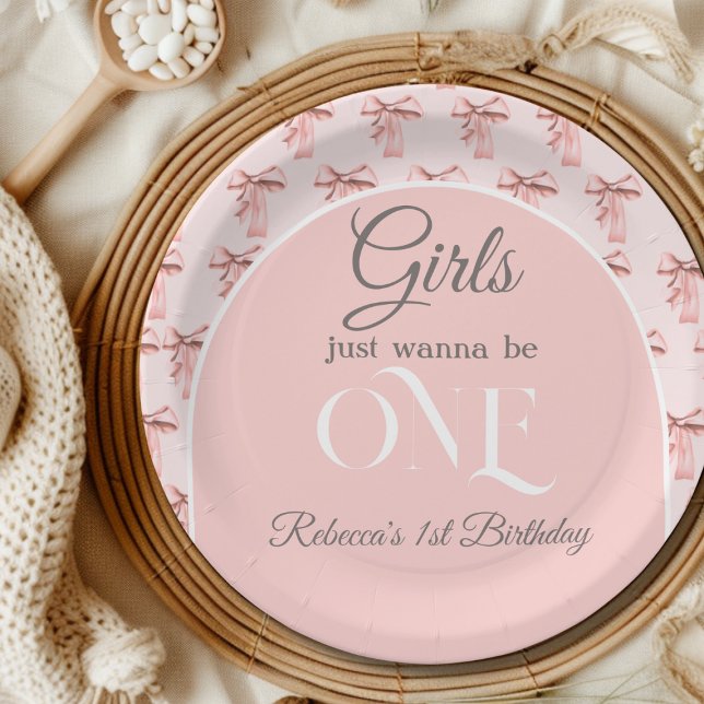 Girls Just Wanna be ONE Pink Bow First Birthday Paper Plate (Creator Uploaded)