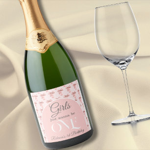 Girls Just Wanna be ONE Pink Bow First Birthday Sparkling Wine Label