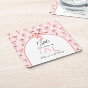 Girls Just Wanna be ONE Pink Bow First Birthday Square Paper Coaster