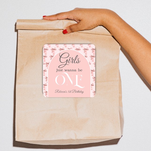 Girls Just Wanna be ONE Pink Bow First Birthday Square Sticker (Creator Uploaded)