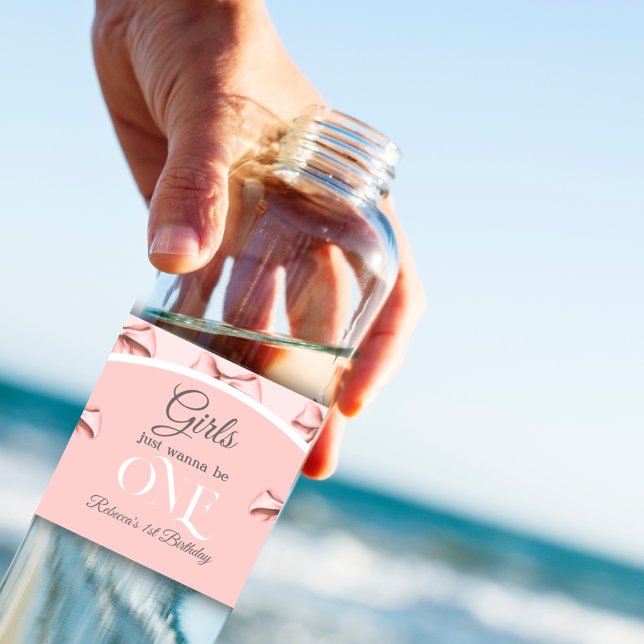 Girls Just Wanna be ONE Pink Bow First Birthday Water Bottle Label (Creator Uploaded)
