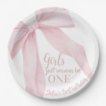 Girls just wanna be One Pink Bow  Paper Plate<br><div class="desc">Girls just wanna be One Pink Bow Paper Plates
Pink Bow Coquette Girl 1st Birthday paper plates - Girls Just Wanna be ONE</div>