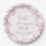 Girls just wanna be One Pink Bow  Paper Plate<br><div class="desc">Girls just wanna be One Pink Bow Paper Plates
Pink Bow Coquette Girl 1st Birthday paper plates - Girls Just Wanna be ONE</div>