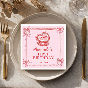 Girls Just Wanna Be One Red Pink Bow Cake Birthday Napkin