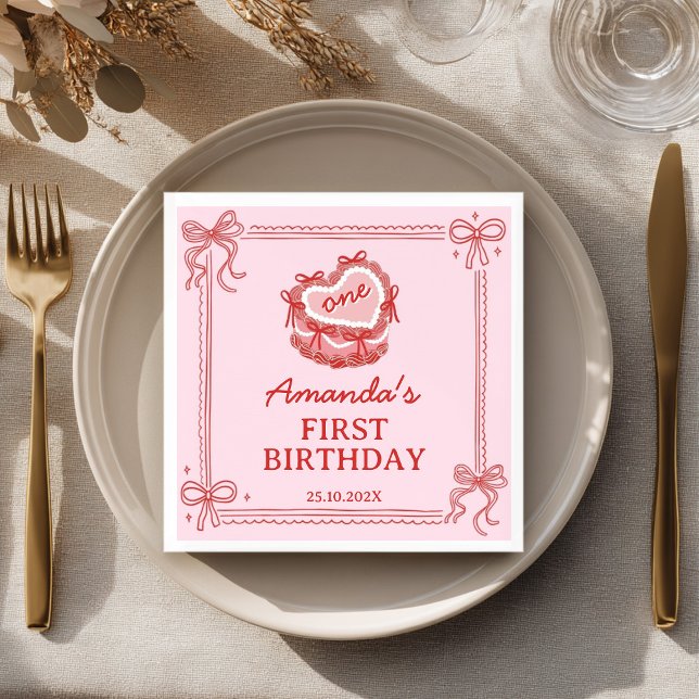 Girls Just Wanna Be One Red Pink Bow Cake Birthday Napkin (Creator Uploaded)