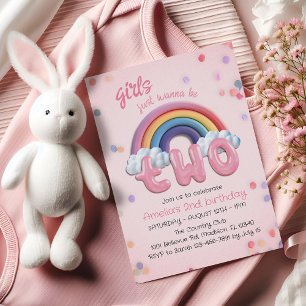 Girls Just Wanna Be Two Rainbow 2nd Birthday Invitation