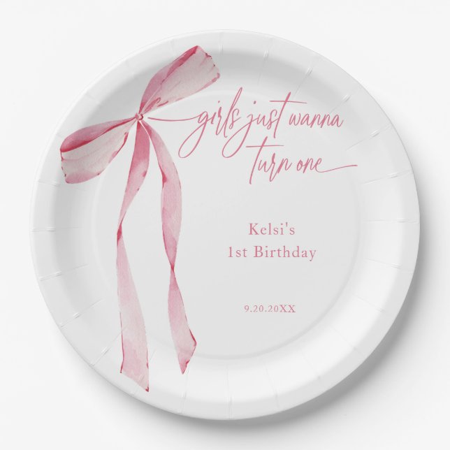 Girls Just Wanna Turn One Pink Bow 1st Birthday Paper Plate (Front)