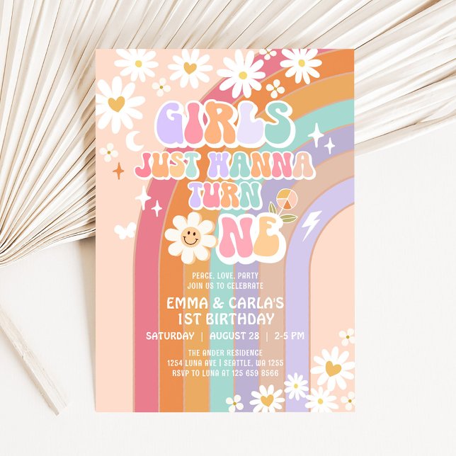 Girls Just Wanna Turn One Twin Groovy 1st Birthday Invitation (Creator Uploaded)