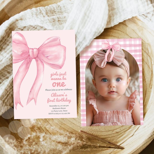 Girls Just Wanne Be One Pink Bow Coquette Birthday Invitation (Creator Uploaded)