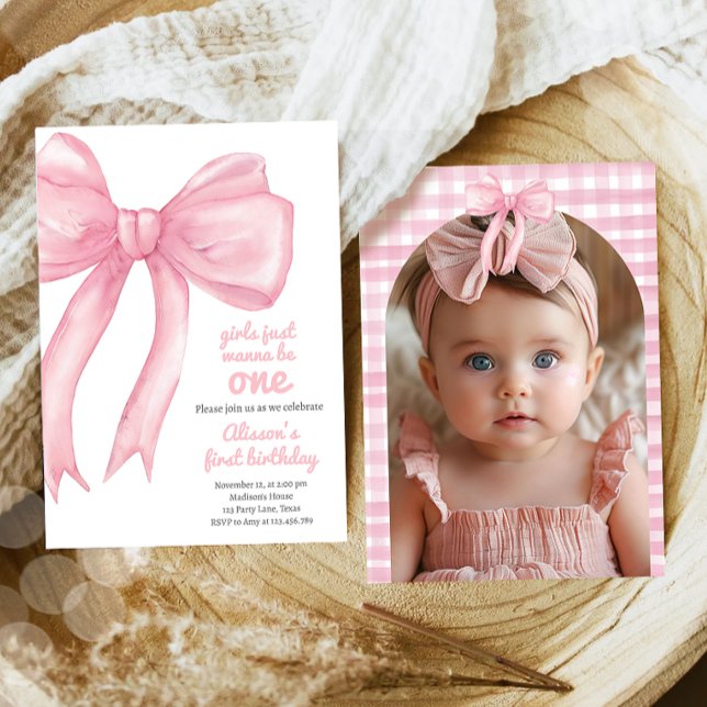 Girls Just Wanne Be One Pink Bow Coquette Birthday Invitation (Creator Uploaded)