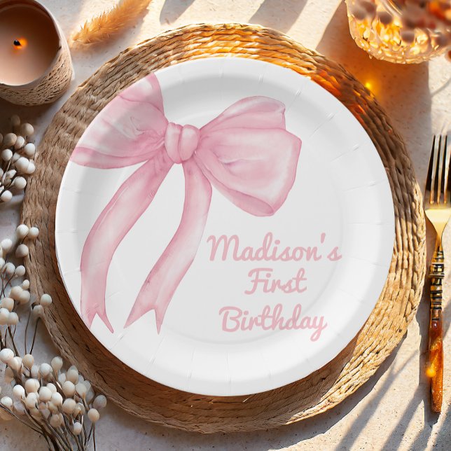 Girls Just Wanne Be One Pink Bow Coquette Birthday Paper Plate (Creator Uploaded)