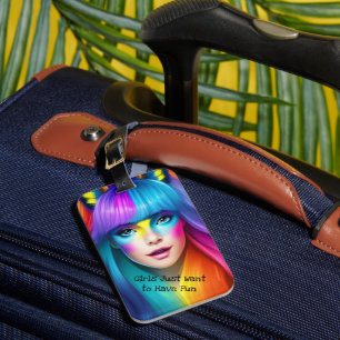 Girls Just Want to Have Fun colorful rainbow face Luggage Tag