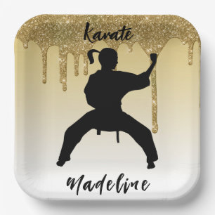 Girls Karate Stance Gold Glitter Drip Ombre Paper Plate