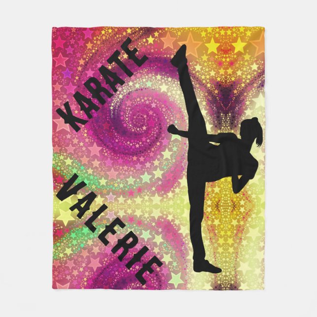 Girls Karate Tropical Swirl High Kick Fleece Blanket (Front)