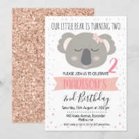 Girls Koala Bear Birthday Invitation