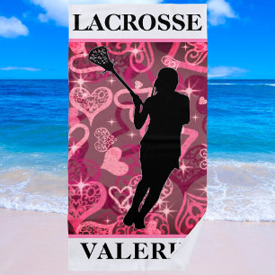 Girls Lacrosse Floating Rose Hearts Beach Towel