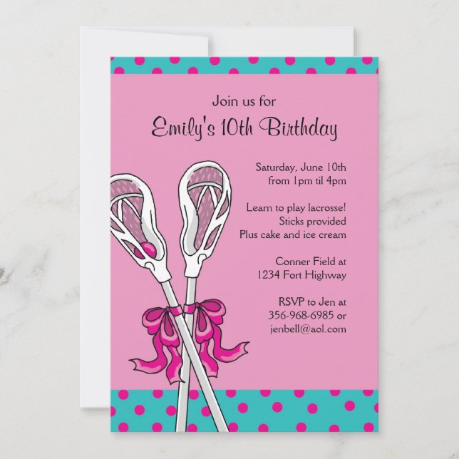 Girls Lacrosse Themed Birthday Invitations (Front)