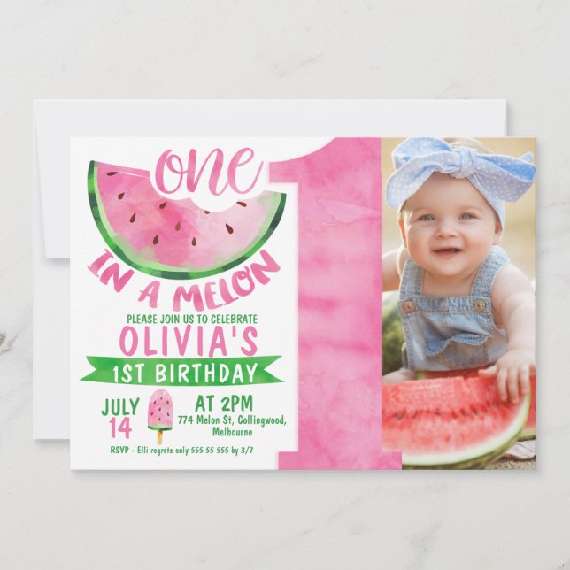 Girls Large Number In A Melon Photo 1st Birthday Invitation (Front)