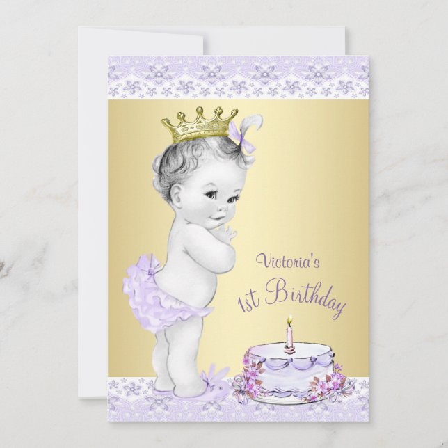 Girls Lavender Gold First Birthday Invitations (Front)