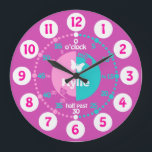 Girls learn to tell time pink aqua name clock<br><div class="desc">Colorful girls graphic wall clock color coded to help assist your child to read a clock. This colorful teaching aid includes minutes and hours and past and to making child's play of telling the time. Clock color coded in pinks, aqua and white featuring a little white butterfly and can be...</div>