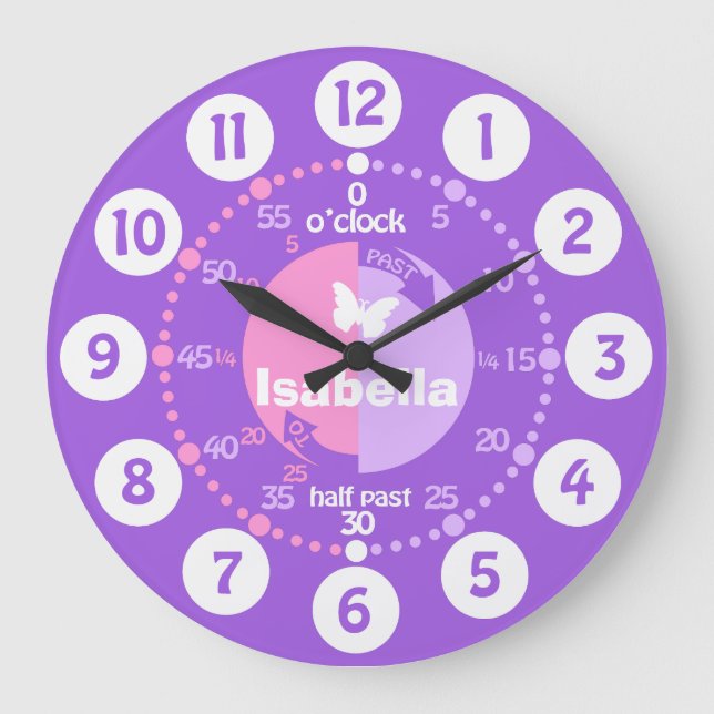 Girls learn to tell time pink purple name clock (Front)