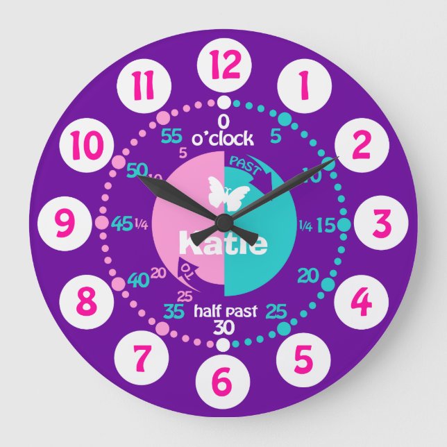 Girls learn to tell time purple name clock (Front)