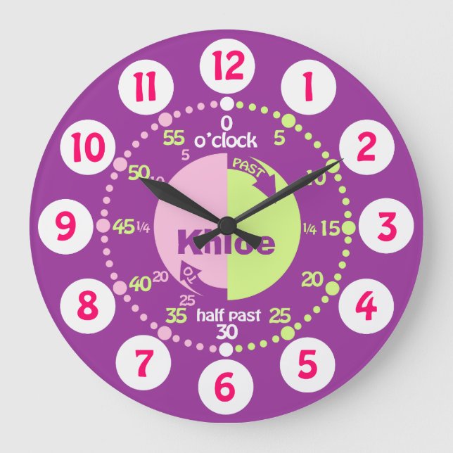 Girls learn to tell time purple pink name clock (Front)