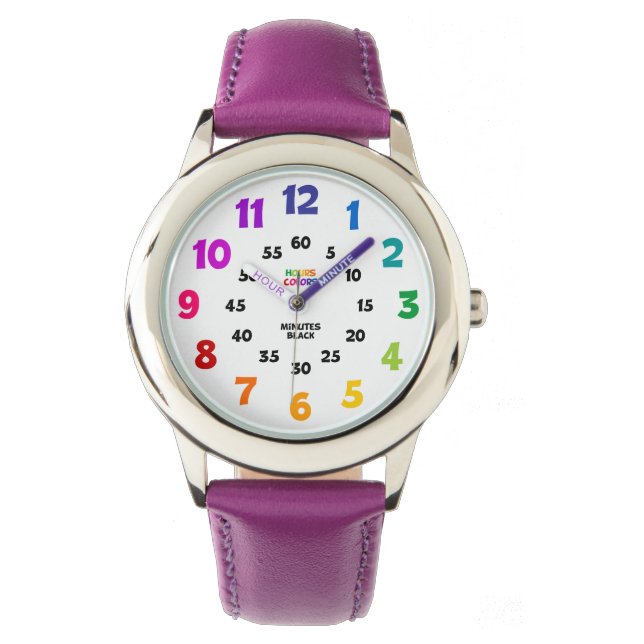 Girls Learn to Tell Time Purple & Rainbow Sport Watch (Front)