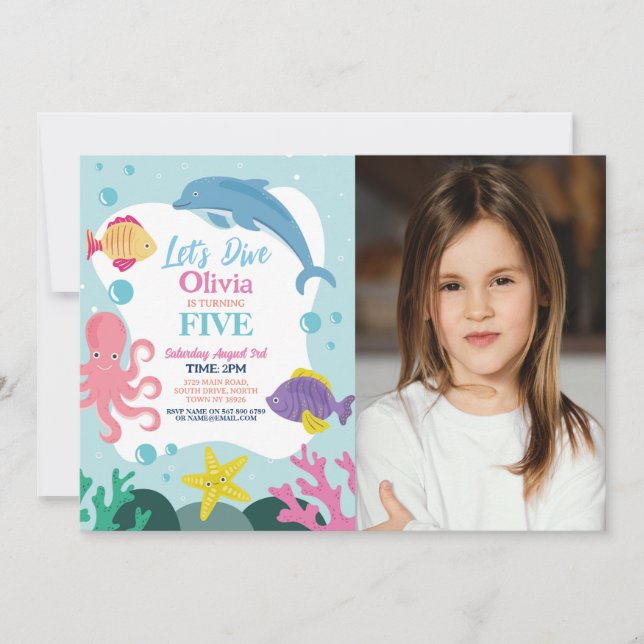 Girls Let's Dive Five 5th Pink Dolphin Sea Photo Invitation (Front)