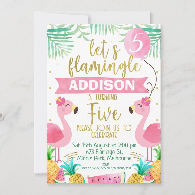 Girls let's flamingle flamingo 5th birthday invitation (Front)