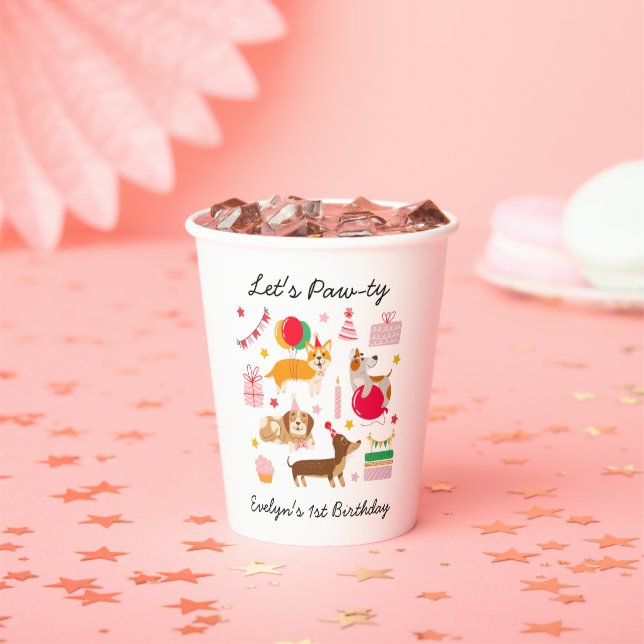 Girl's Let's Pawty Party Ready Dogs Birthday  Paper Cups (Insitu)
