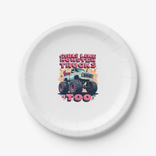 Girls Like Monster Trucks Too Vintage Unicorn Mons Paper Plate