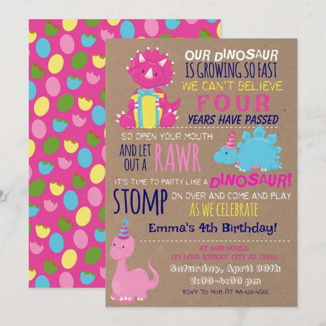 Girl's Little Dinosaur Kids Birthday Invitation (Front/Back)