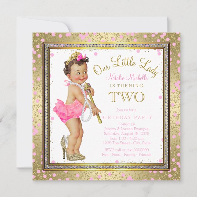 Girls Little Lady 2nd Birthday Party Pink Gold Invitation (Front)