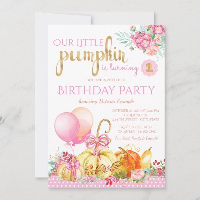 Girls Little Pumpkin First Birthday Invitations (Front)