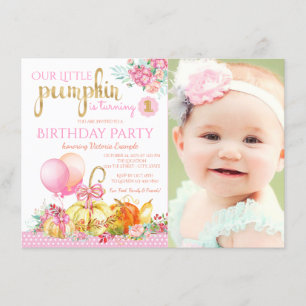 Girls Little Pumpkin Photo First Birthday Invitation