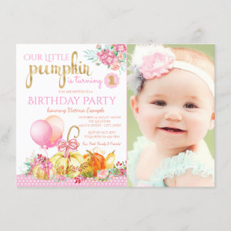 Girls Little Pumpkin Photo First Birthday Invitation