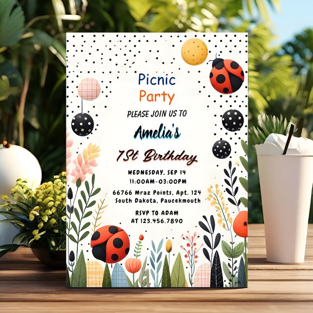 Girls Love Bug Picnic Polka Dot 1st Birthday  Invitation (Creator Uploaded)