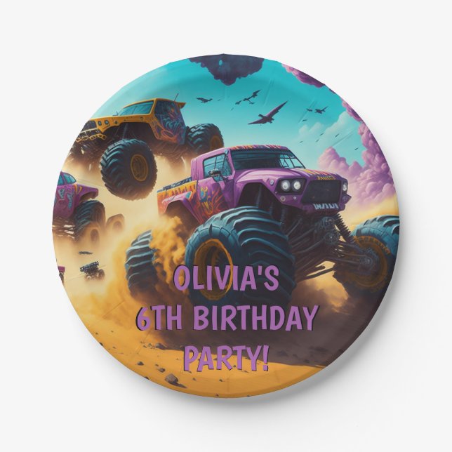 Girls Love Monster Trucks Too Birthday Party  Paper Plate (Front)