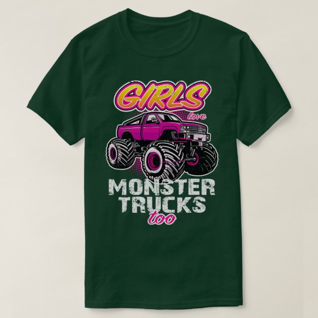 Girls Love Monster Trucks Too Retro Distressed Pin T-Shirt (Design Front)