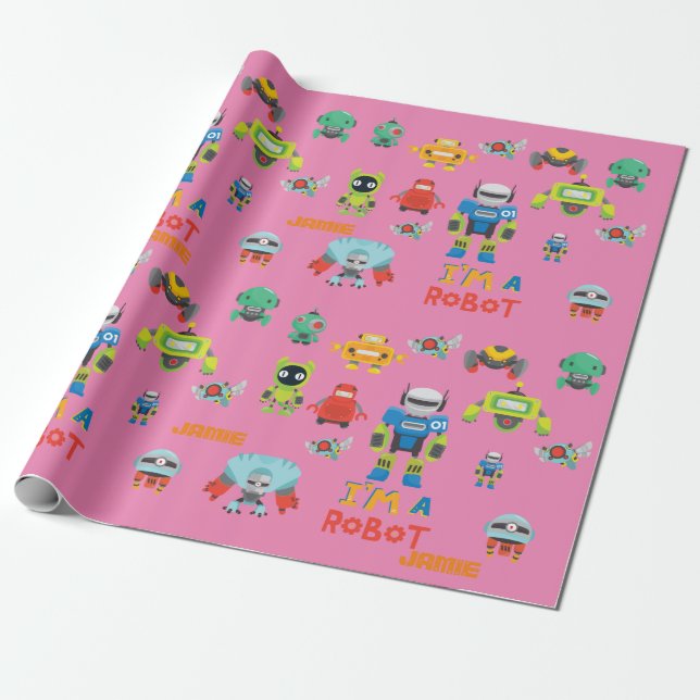 Girls Love Robots Pink Cute Cartoon Named Wrapping Paper (Unrolled)