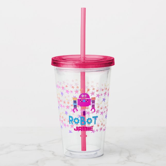 Girls Love Robots Pink Stars Cartoon Drinking Acrylic Tumbler (Front)