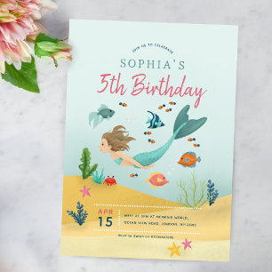 Girls Magical Under the Sea Mermaid 5th Birthday Invitation