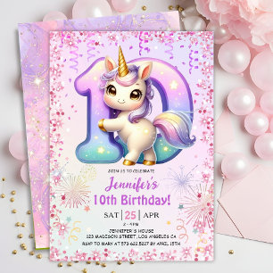 Girls Magical Unicorn 10th Birthday Party Invitation