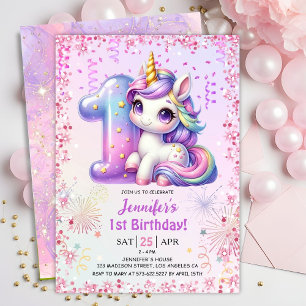 Girls Magical Unicorn 1st Birthday Party Invitation