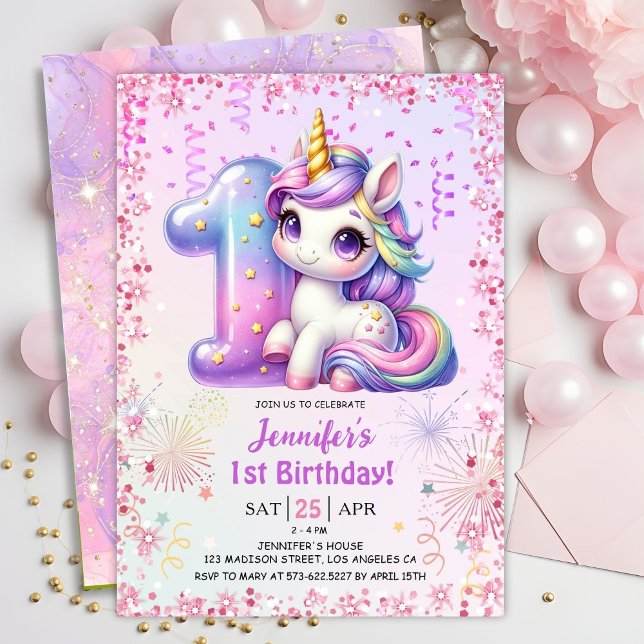 Girls Magical Unicorn 1st Birthday Party Invitation (Creator Uploaded)