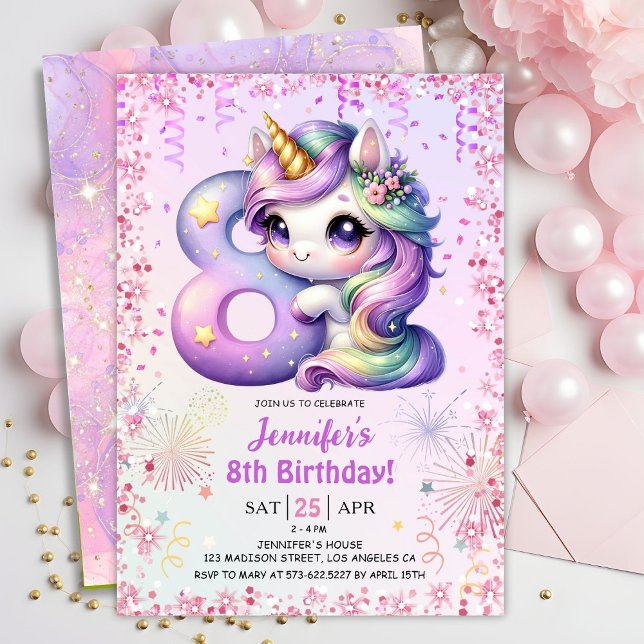 Girls Magical Unicorn 8th Birthday Party Invitation (Creator Uploaded)
