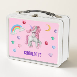 Girls Magical Unicorn Rainbow Kids Personalised  Metal Lunch Box